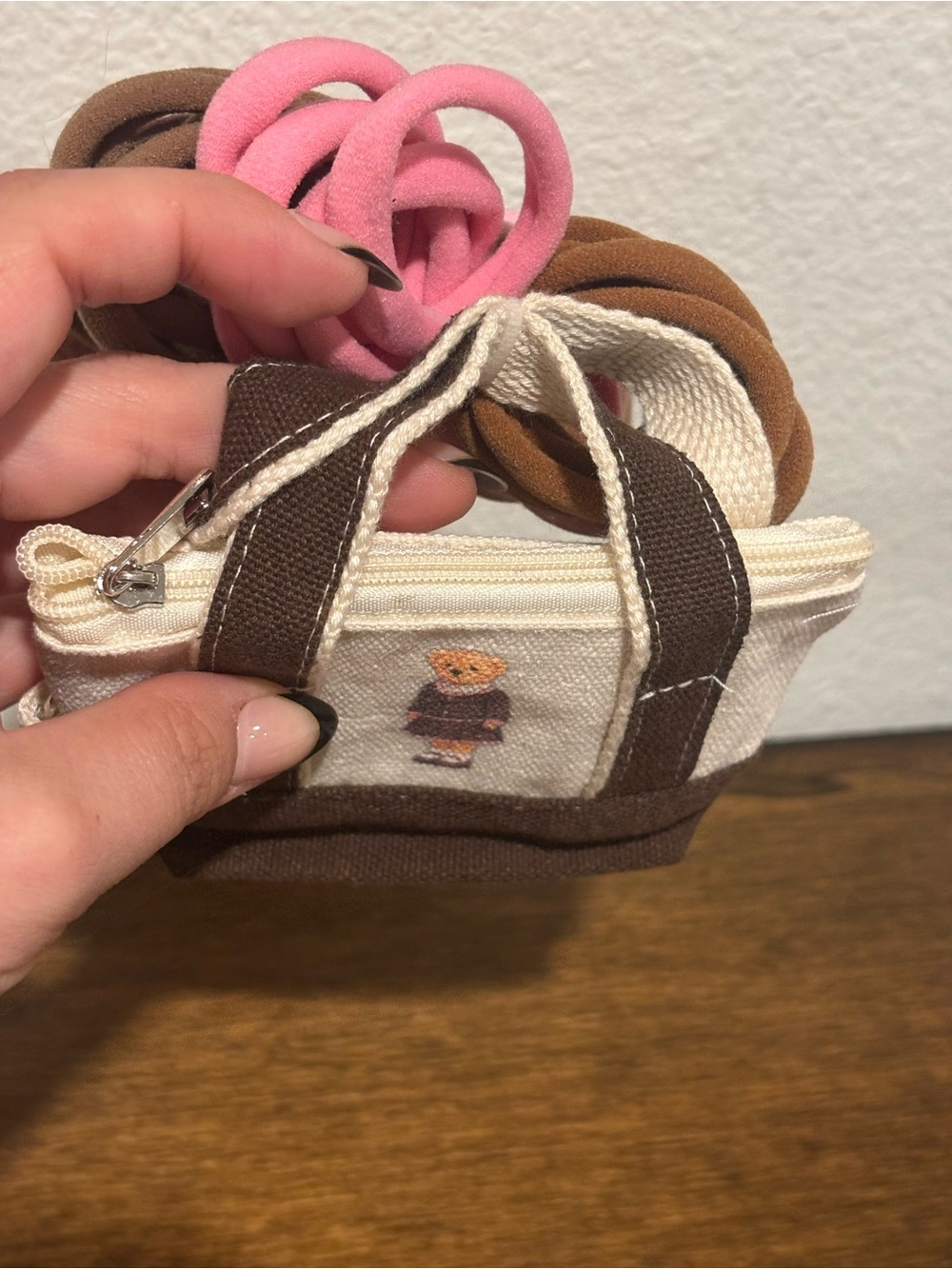 Kids Plush Bear Hair Tie Set with Mini Canvas Tote - Brown, Pink, Tan - Picture 5 of 7